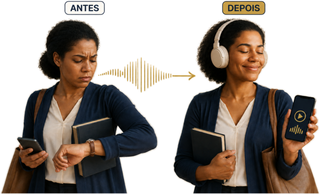 Antes: mulher preocupada olhando o relógio com a Bíblia e o celular. Depois: a mesma mulher tranquila, usando fones e segurando a Bíblia e o celular com áudio.
