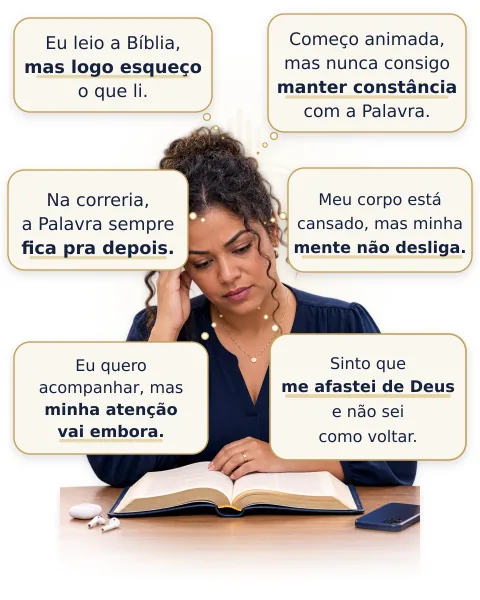 Mulher diante da Bíblia, cercada por seis pensamentos sobre sua dificuldade de manter a Palavra presente.